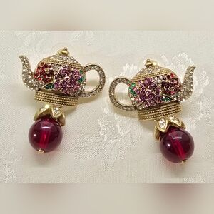 Vintage Style Gold Tone and Red Teapot Earrings
